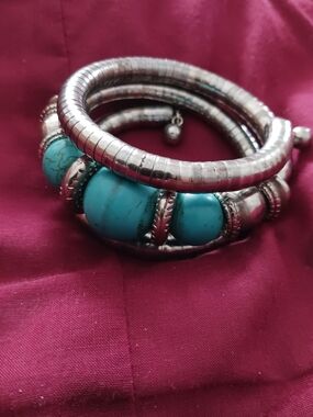Silver Coil Bracelet with Turquoise Beads - Women's Jewelry